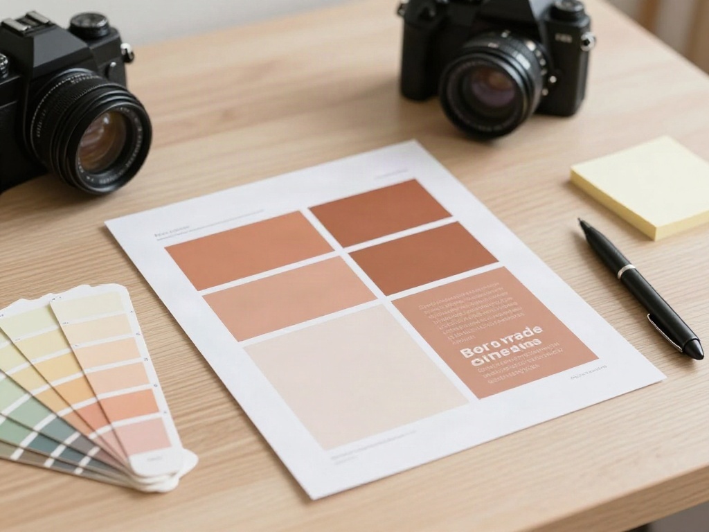 Printed advertising layouts and colour swatches laid out on a desk