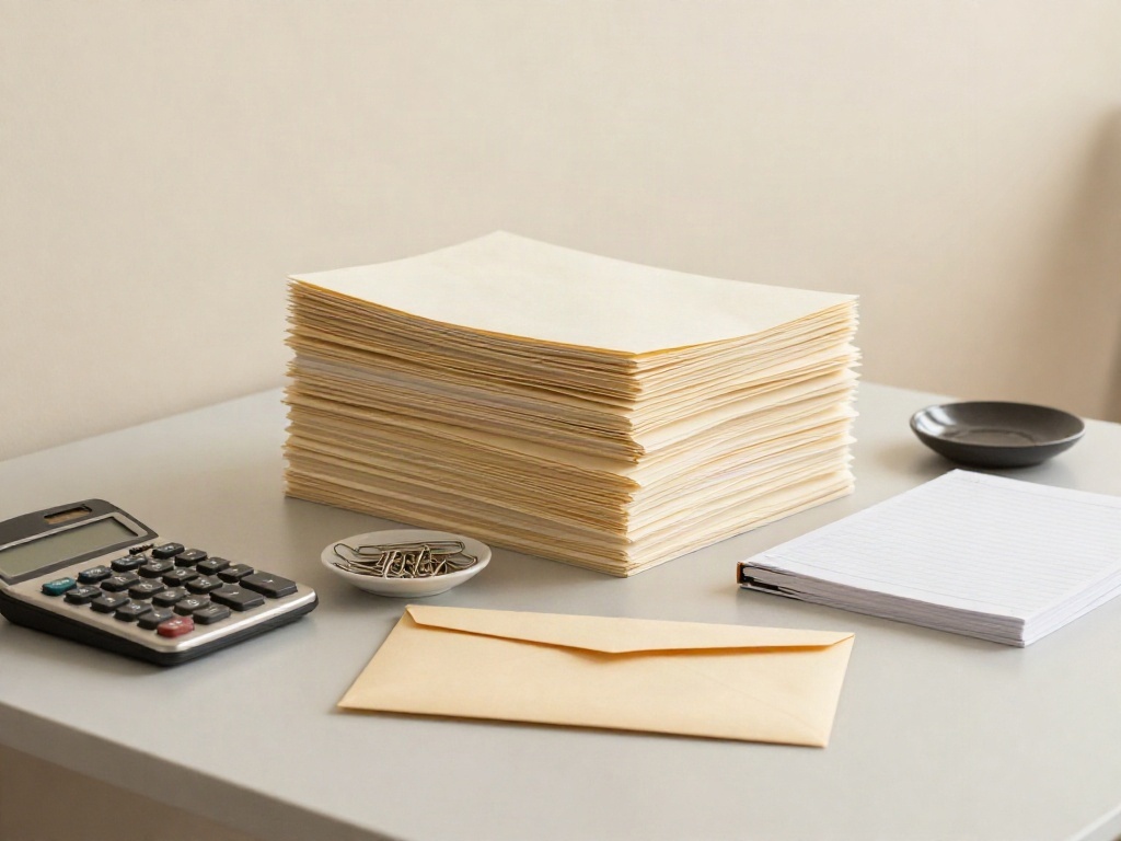 Neat stacks of documents, a calculator and a ledger on a pale desk