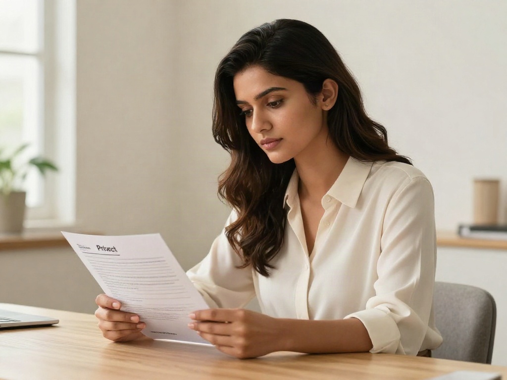 A business owner reading a printed privacy notice at a pale wooden desk
