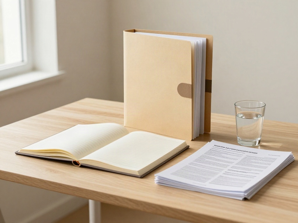 Notebooks, tabbed folders and printed reports arranged on a pale desk