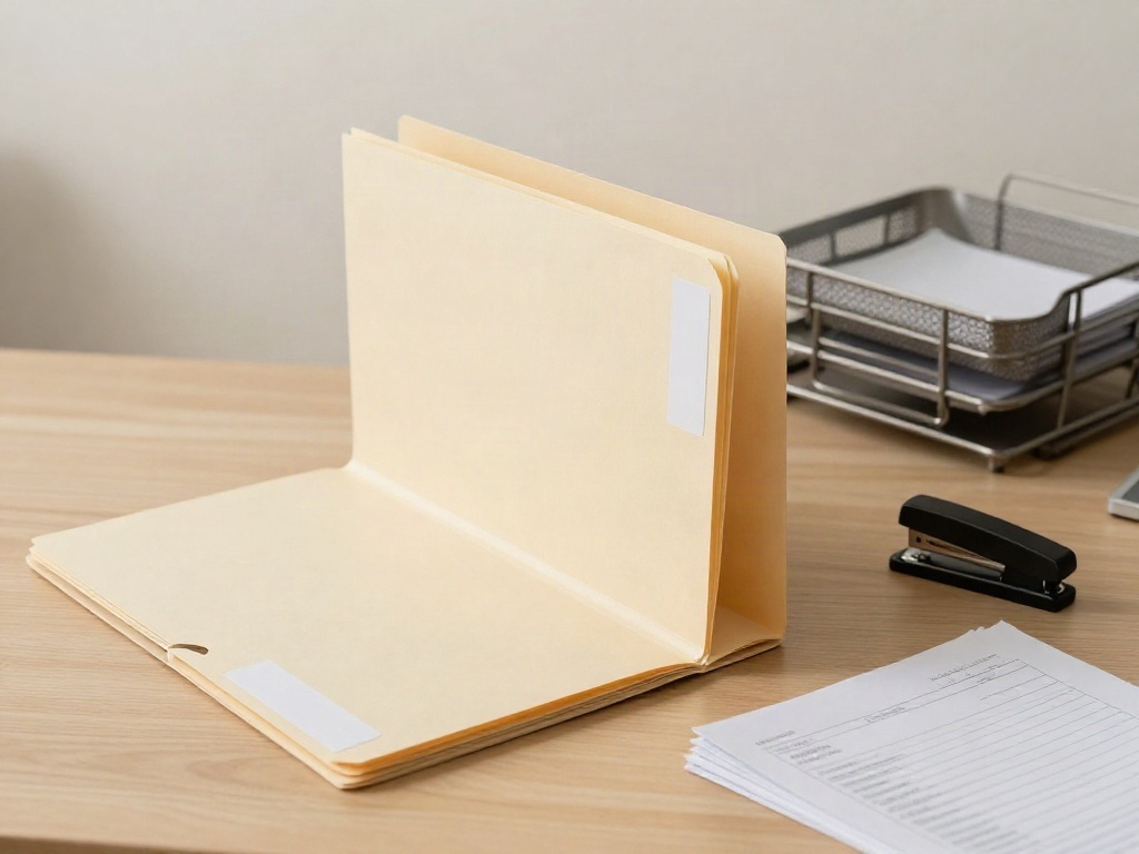 Cream document folders, a metal tray, a stapler and printed forms on a pale oak desk