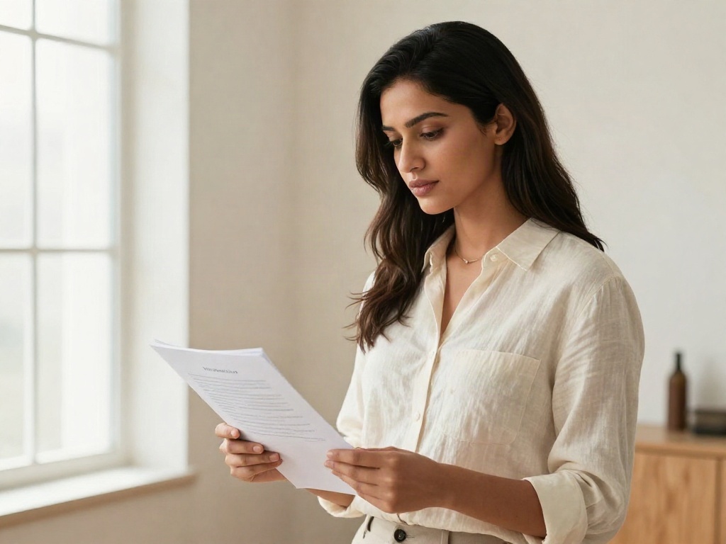 A business owner in a cream shirt reviewing a printed contract in a bright minimal office