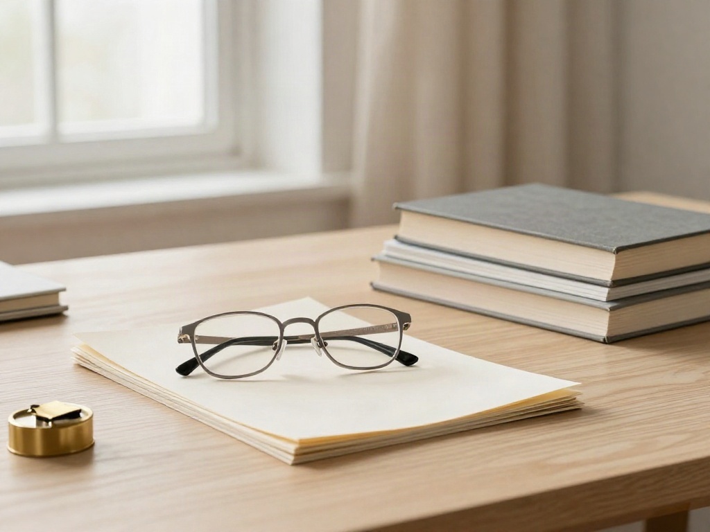Reading glasses resting on a folded sheet of paper beside a small stack of books on a pale desk